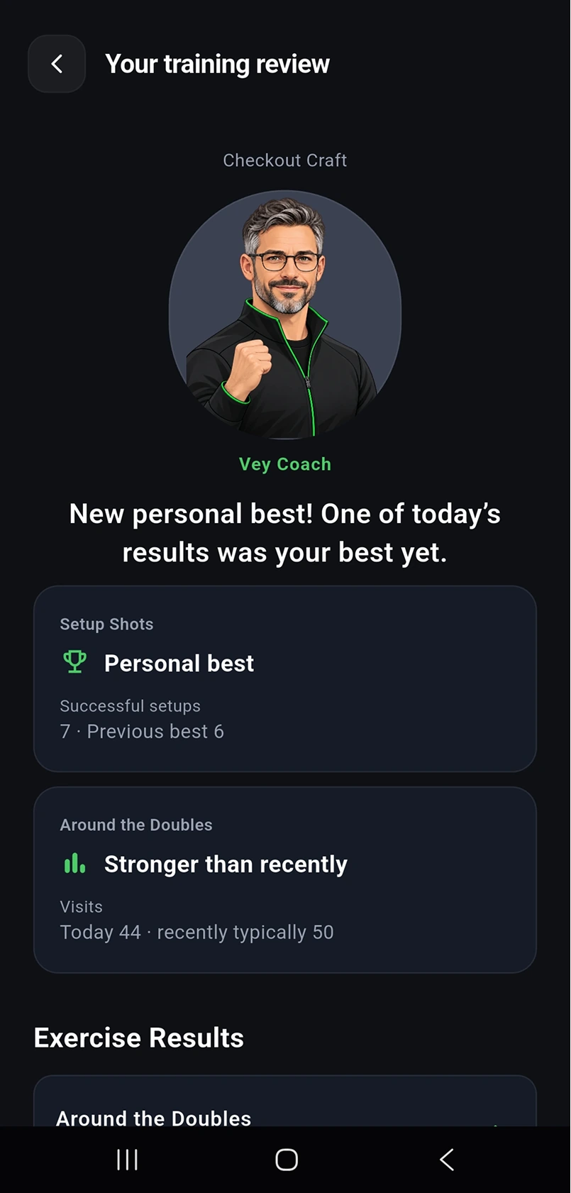 Vey post-session Coach Review showing a personal best and recent performance insight